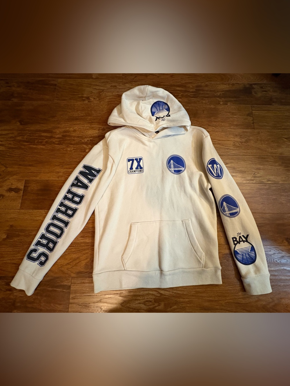 Hollister Cream Hoodie Pajama Top with Blue Warriors Graphics
